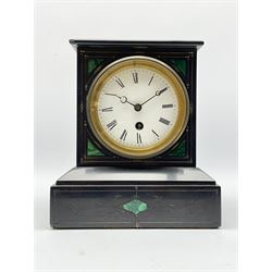 Victorian black slate mantel clock timepiece, the case with engraved and gilt decoration and inlaid with malachite, circular enamel Roman dial, single train driven movement