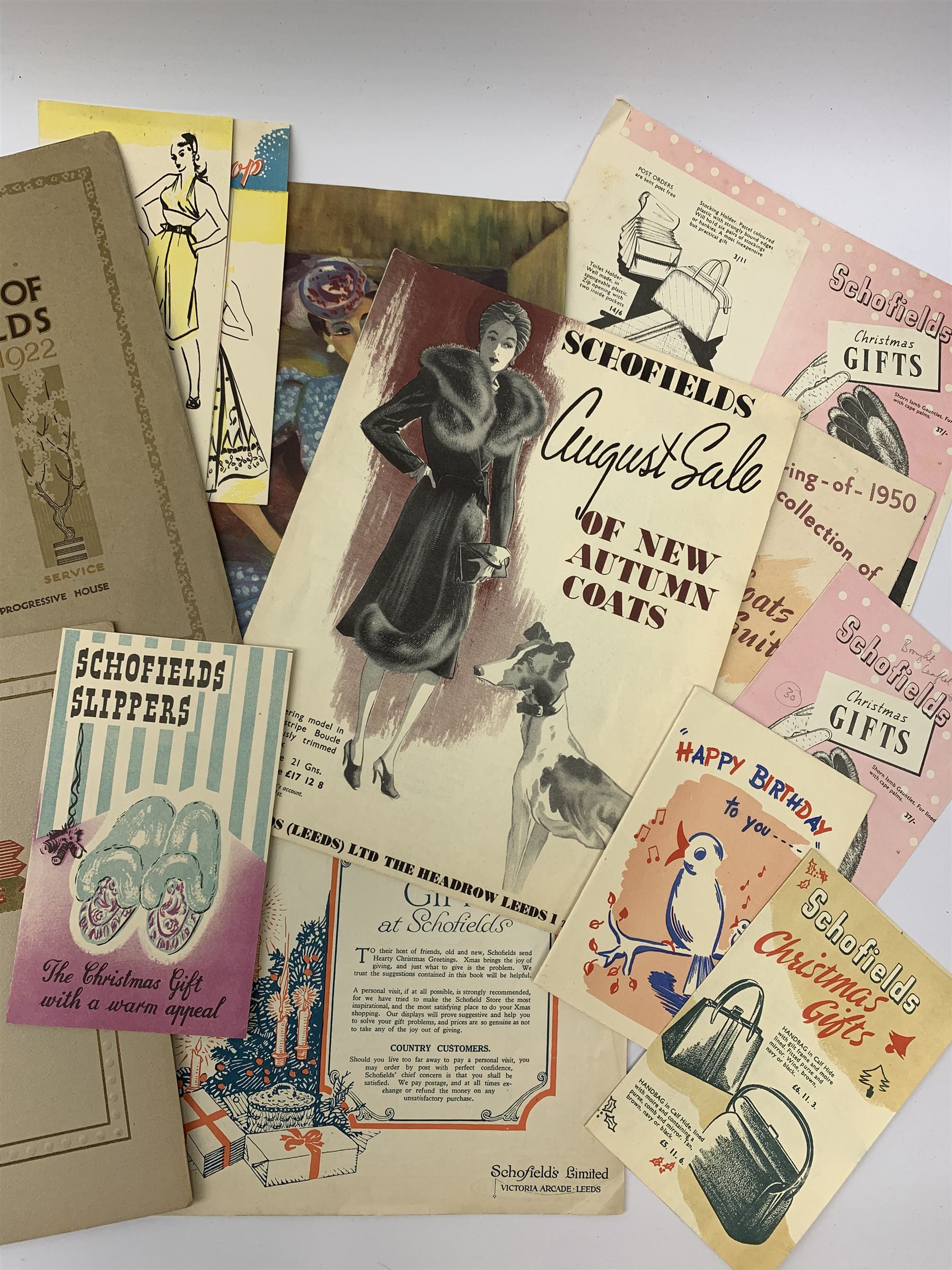 Quantity of paper ephemera relating to Schofields Department Store, The Headrow, Leeds, 1920s - 1950s, including Romance of Schofields 1922, Golden Jubilee Booklet 1951, various catalogues and promotional booklets and leaflets, Christmas offers, greeting cards, marketing and advertising items, menus etc