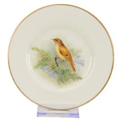 Four Royal Worcester hand painted ornithological plates, by W Powell, painted with a 'Chaffinch', 'Robin' 'Swallow' and 'Grasshopper Warbler', each named verso and bearing printed mark, D15cm 
