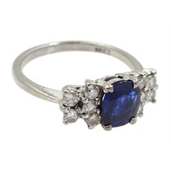 White gold cushion cut synthetic sapphire, each side with five round diamonds, stamped 18ct