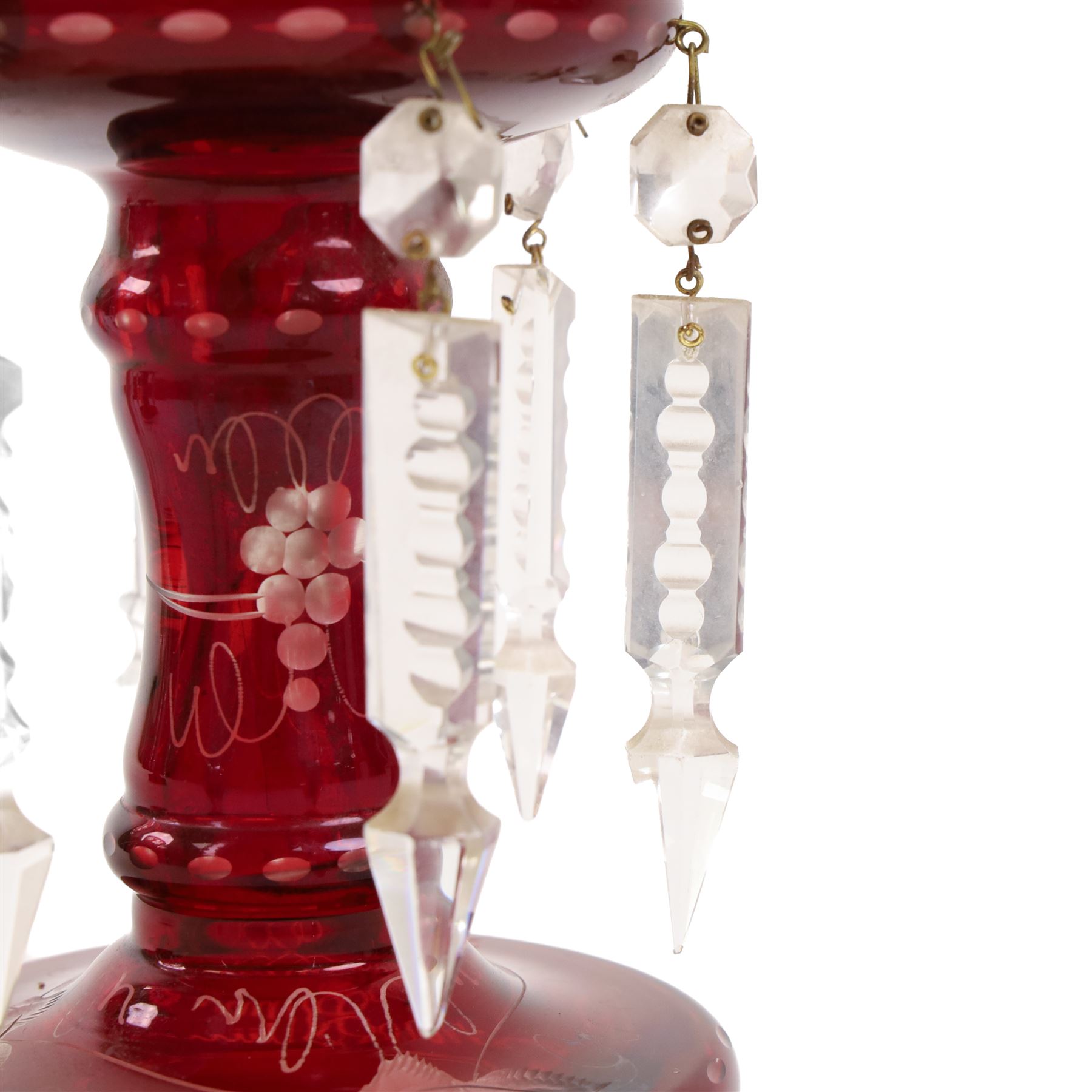 Pair of Victorian ruby glass lustres, with etched grape and vine decoration and clear glass droplets, H22cm 