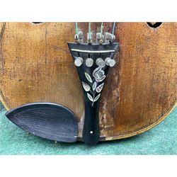 Late 19th century German violin with 36cm two-piece maple back and ribs and spruce top; bears label for 'Thomas Jacklin Violin Maker & Repairer Hull 1879'; 60cm overall; in ebonised wooden coffin case.