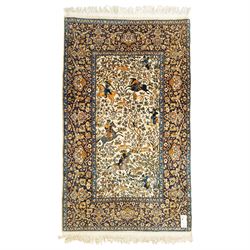 Persian pictorial rug featuring a hunting scene, ivory field with mounted hunters, animals...
