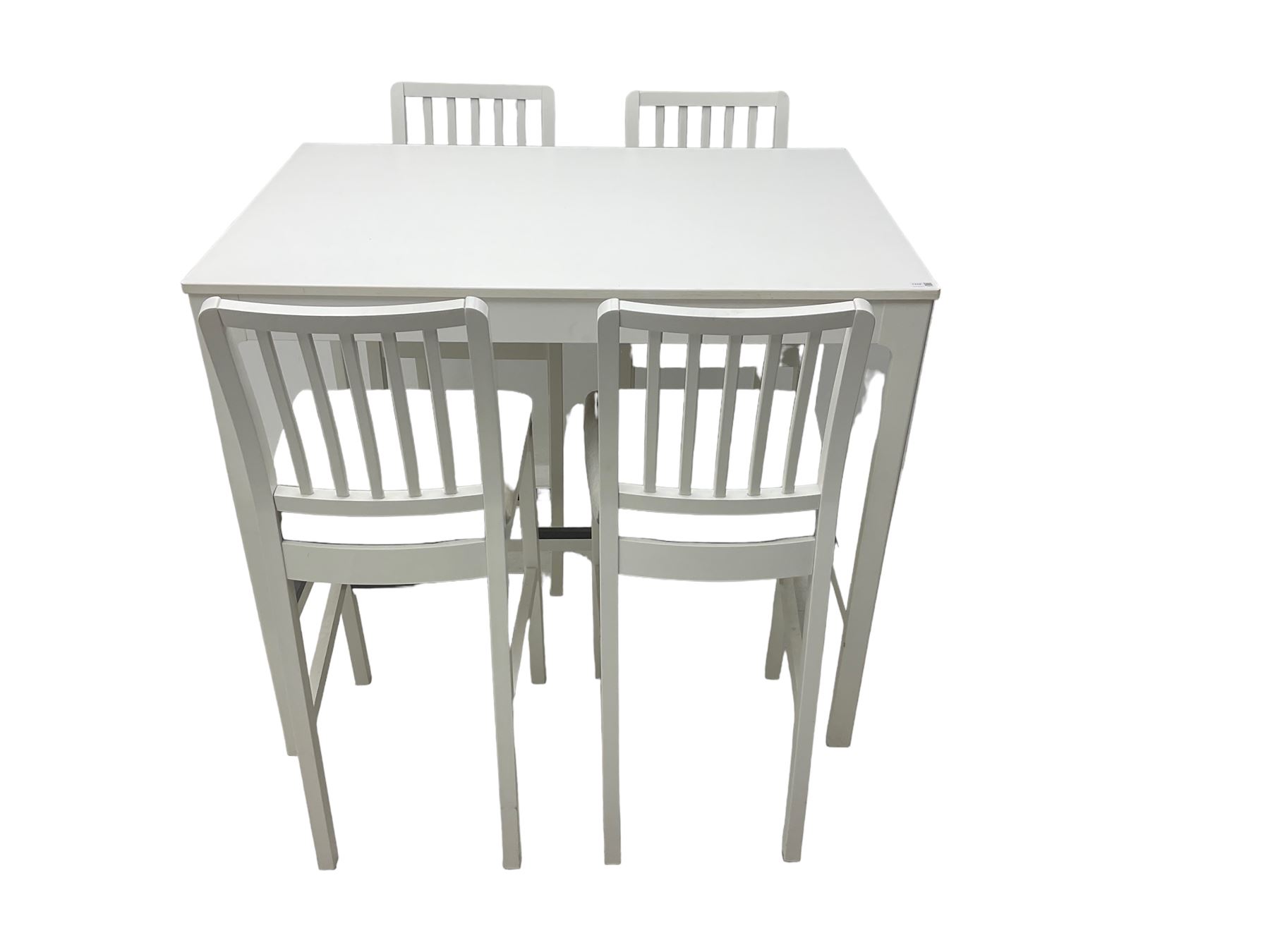 IKEA - 'Ekedalen' bistro set, rectangular table raised on chamfered supports (W121cm D80cm H106cm); and set four bar stools, stick back, in white finish