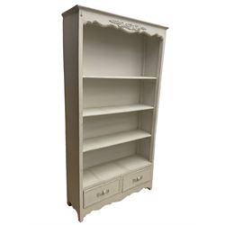 French style cream painted open bookcase with two drawers