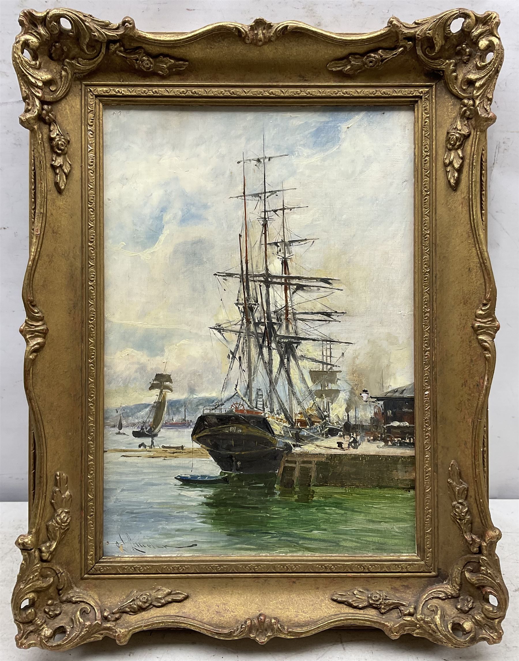 Charles James Lauder (Scottish 1841-1920): Tall Ship at the Quayside, oil on canvas laid on to board signed 34cm x 23cm