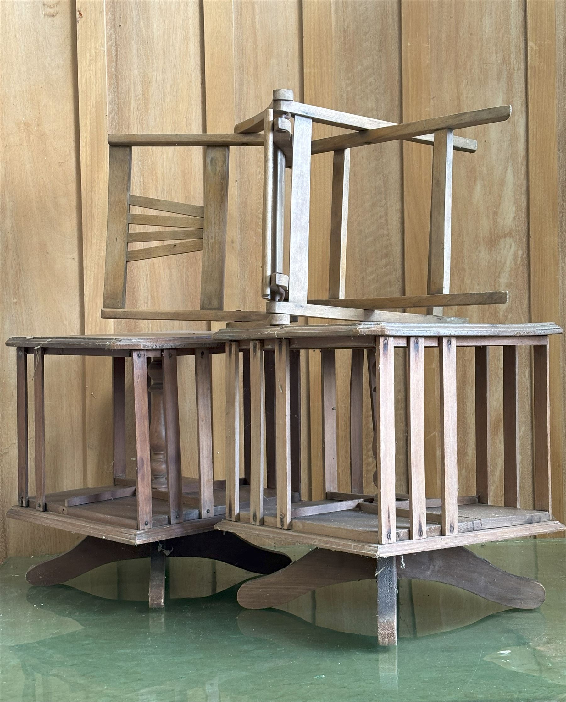 Pair of early 20th century stained pine table top revolving bookcases, (H39cm, 36cm x 36cm) together with a beech framed folding child's chair (H55cm) - COLLECTION BY APPOINTMENT FROM: The White House, Thirsk Road, Easingwold, York, YO61 3NF - CALL 01723 507111 TO ARRANGE