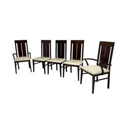 Large American walnut rectangular dining table on square block supports, together with set eight high back dining chairs with cream upholstered seats, the top and chair backs with matching inlaid geometric banding