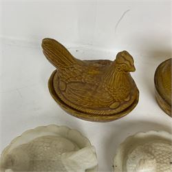 Seven Hen on Nests, to include milk glass examples, largest H22cm 