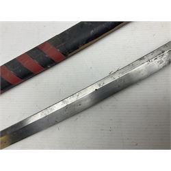Good quality Japanese sword blade with later WWII fittings and scabbard  - 67.5cm slightly curving blade with unmarked tang, plain iron tsuba and lacquered grip with copper mounts; in lacquered wooden scabbard with tape bound tip L94cm overall