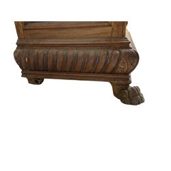 Early 20th century walnut side cabinet, rectangular top over fluted frieze, fitted with four drawers flanked by two narrow cupboards, gadroon carved lower plinth, on carved paw front feet, together with associated pine plate rack