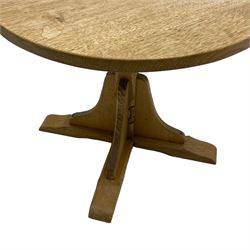 Catman - oak occasional table, circular top on cruciform base, carved with long-necked cat signature, by Chris Checkfield, Whitby