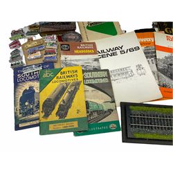 Quantity of Graham Farish Handbooks and Catalogues 1960s and later in album with photocopies of instructions and magazine articles; flat packed Graham Farish model boxes; small quantity of spare parts; collection of pin badges; books of railway interest including Ian Allan ABC train spotting booklets etc