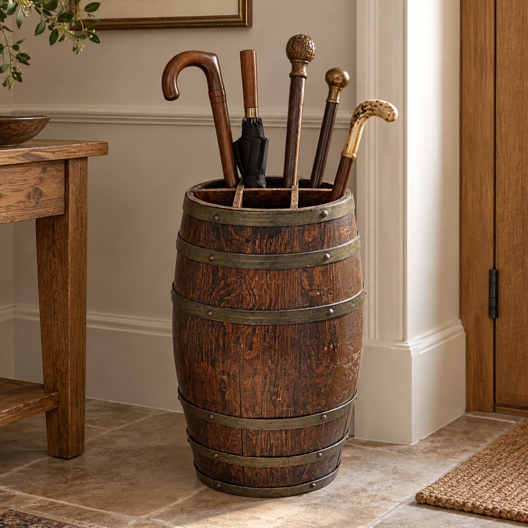 Coopered oak barrel six division stick stand H62cm