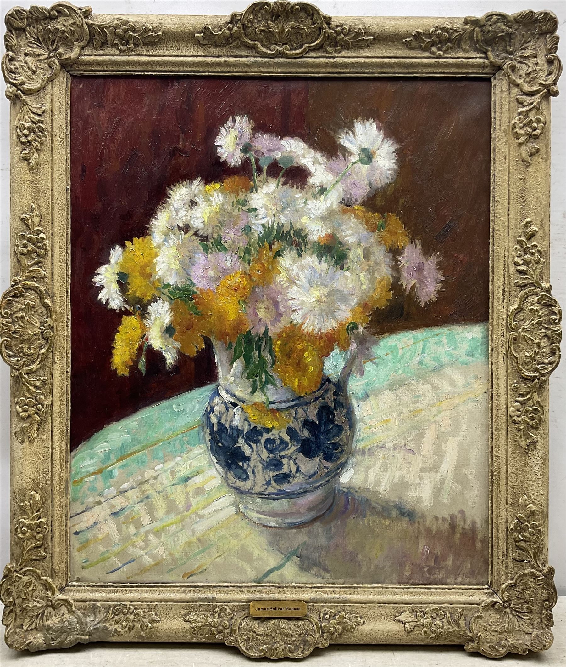 James Bolivar Manson (British 1879-1945): 'Sweet Sultans and Marigolds', oil on canvas unsigned, titled and dated 1945 in the artist's hand on label and on the stretcher verso, with James Bourlet & Sons label, 60cm x 50cm 
Notes: this is probably the artist's 1945 Royal Academy exhibit no.601, then titled 'Cornflowers and Marigolds' (sweet sultans being a variety of cornflower). The same jug depicted in the present picture can be seen in Manson's 1940 Royal Academy exhibit no.262 'Tulips and Daffodils'. The blue title label appears on a number of Manson's paintings.