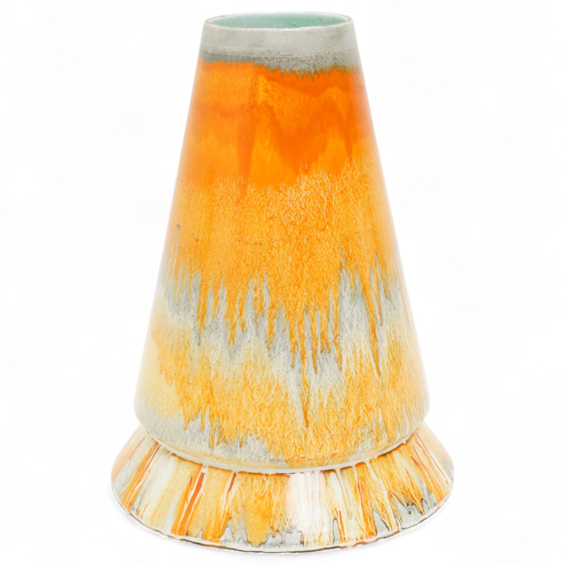 Collection of Shelly Harmony Drip wares, including conical form volcano vase, cake stand, raised bowl and squat vase, in shades of brown orange and green, volcano vase H21cm (4)