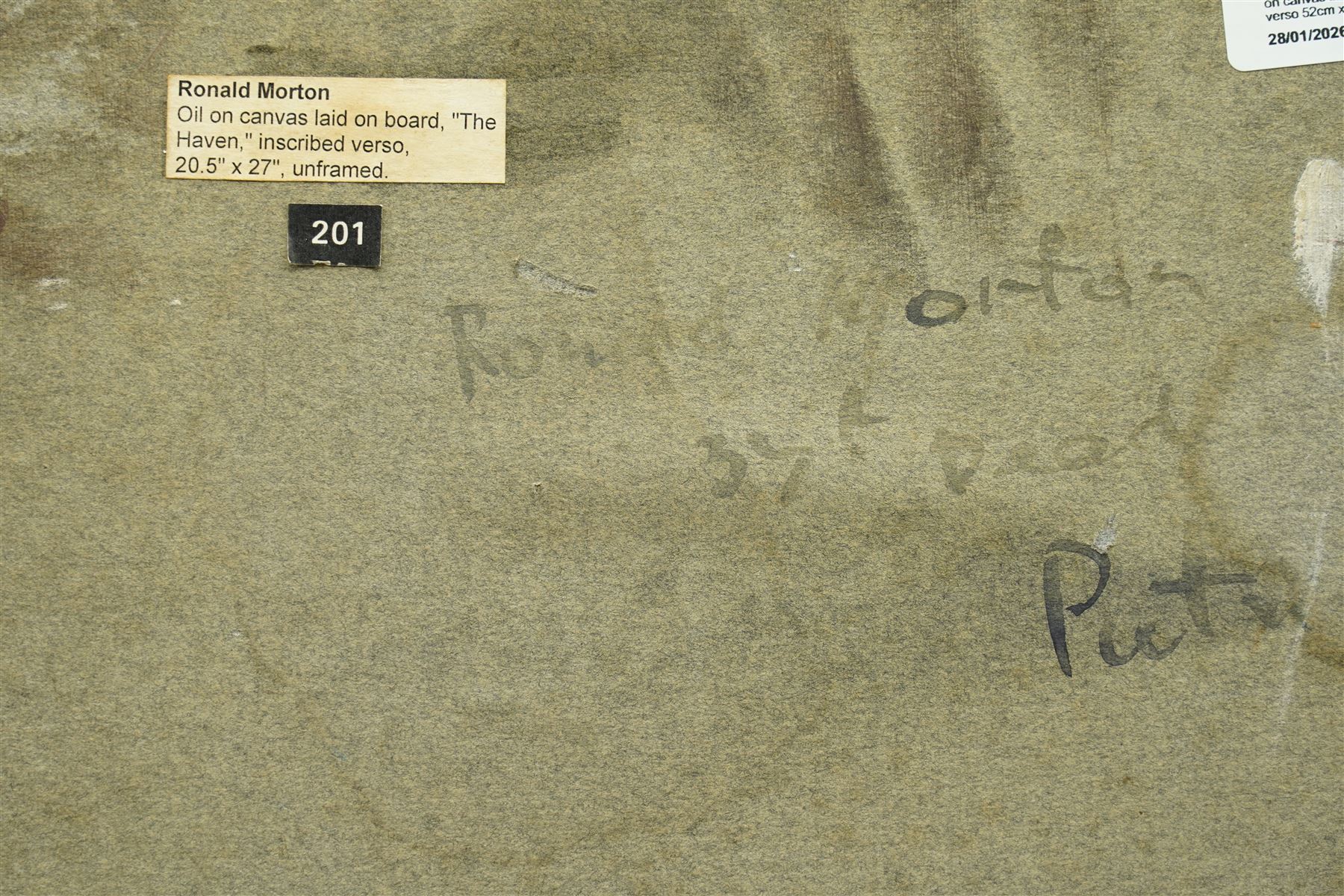 Ronald Morton (British 1918-): 'The Haven', oil on canvas laid on board, titled and inscribed verso 52cm x 68cm