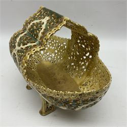 Hungarian Zsolnay Pecs gilt and green reticulated basket, upon four feet, with gold mark beneath, H14cm L21cm
