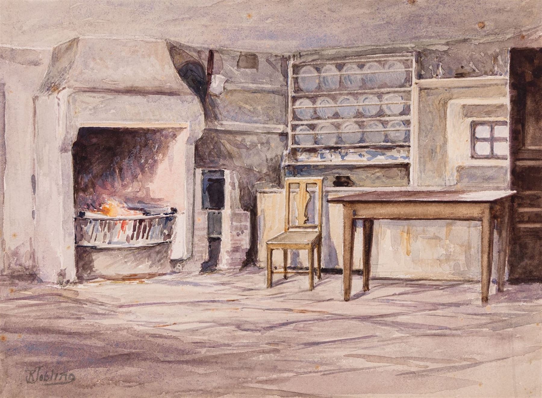Robert Jobling (Staithes Group 1841-1923): Cottage Interior, watercolour signed 24cm x 32cm (mounted)