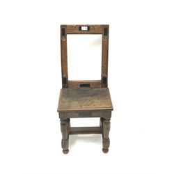 18th century French walnut nun's convent chair, the frame inlaid with rectangular ebony panels and carved with lunettes, turned front supports joined by moulded stretchers, total height - 82cm, seat width - 36cm