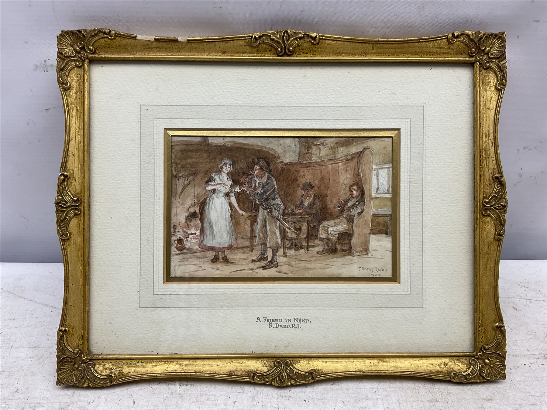 Frank Dadd (British 1851-1929): 'A Friend in Need', watercolour signed and dated 1923, titled on the mount 10cm x 15.5cm