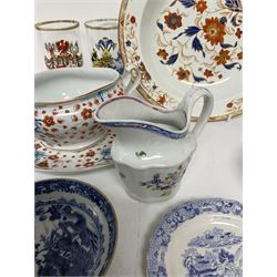 Collection of 19th century and later ceramics, to include a moulded jug with hand painted floral decoration, twin handled dish and saucer with floral sprigs, blue and white tea bowl with gilt border, etc  