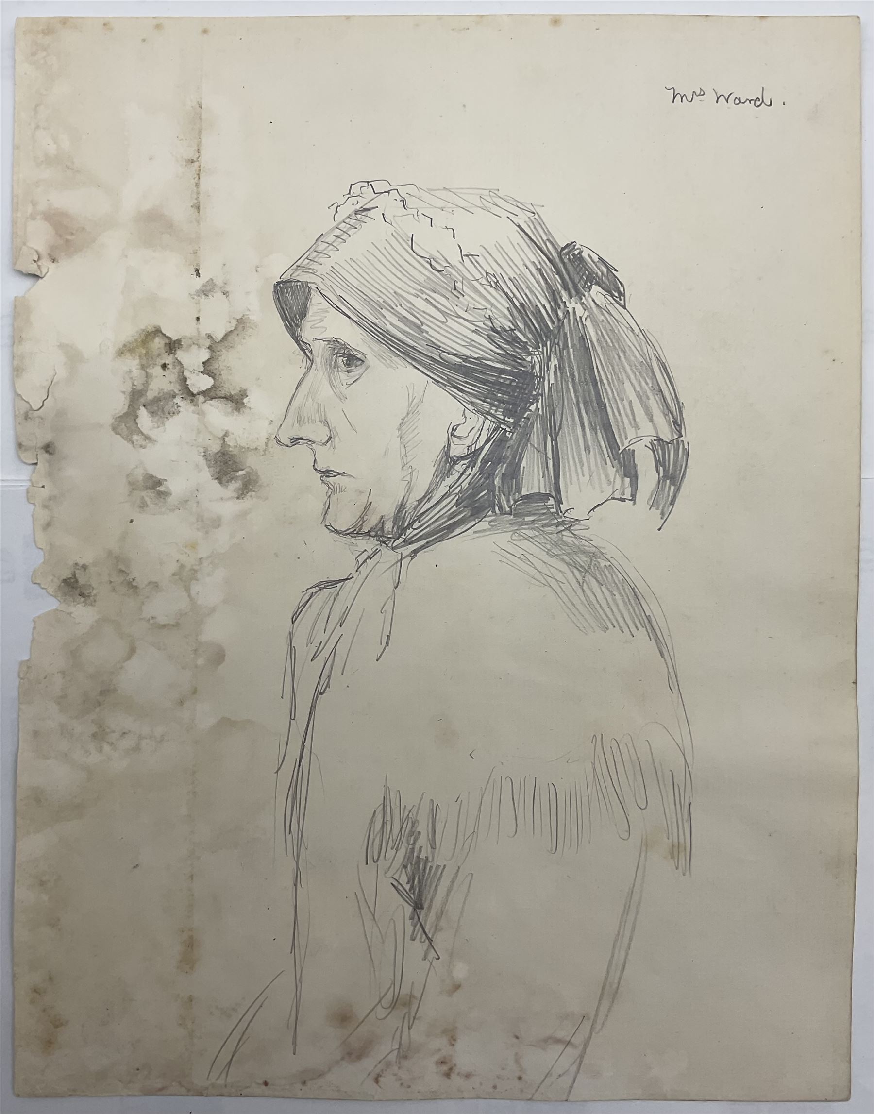 Attrib. Harold Knight (Staithes Group 1874-1961): 'Maggie Ward Verrill' 'Mrs Hannah Ward' et al., six pencil sketches unsigned some titled 26cm x 20cm (6) (unframed) 
Provenance: Hannah Ward was the vendor's great great grandmother and Margaret Verrill, Hannah's daughter. The Ward/Verrill families who lived in Gun Gutter and Church Street Staithes, had connections with Harold Knight. Hannah who owned three or four cobles and several properties in Staithes probably features in several of Knight's paintings.