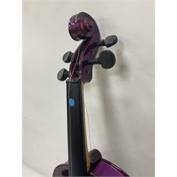 Intermusic 3/4 violin with a violet coloured solid wood body, ebonised fingerboard and fittings, bow and hard case, length 54cm