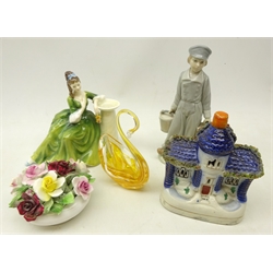  Lladro figure of a boy with two pails, No. 4811, Royal Doulton figure 'Secret Thoughts' HN 2382, small glass dish styled as a swan, Royal Doulton posy of flowers and a Staffordshire type house (5)  