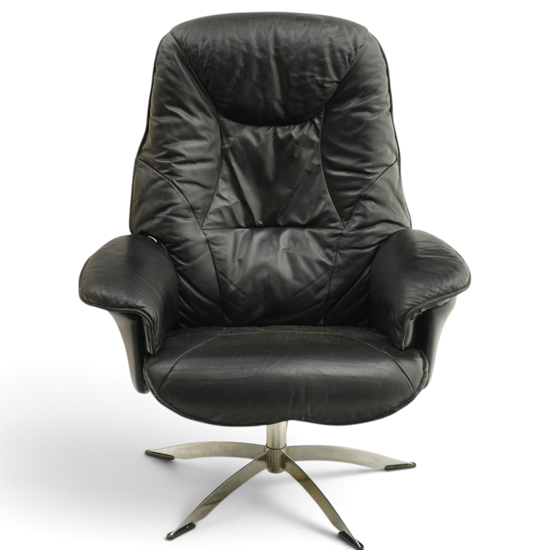 Hjort Knudsen - Danish swivel armchair or desk chair, high back over swept arms, upholstered in black leather, raised on a five-spoke chrome base with swivel action