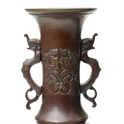 Pair of Japanese bronze vases, with twin handles in the form of dragons, decorated with flowers and traditional motifs to the neck and body, H31cm (2)