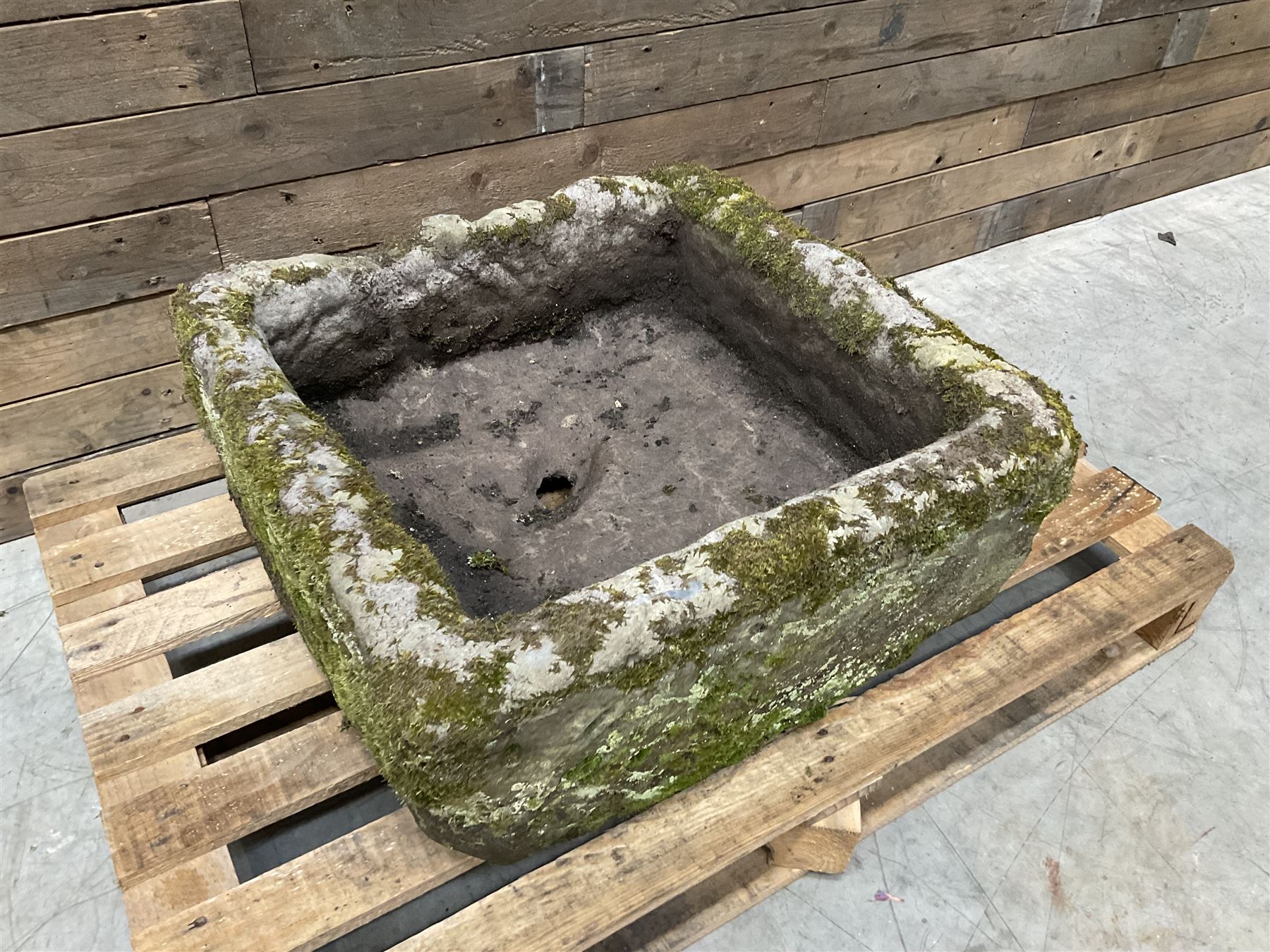 Large 19th century square weathered stone trough 