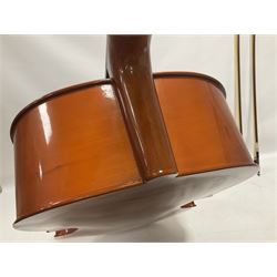 Gear 4 Music full size cello with a maple back and ribs and spruce top, ebony fittings and fingerboard, with two bows in hard case Length 123cm