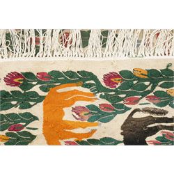 Anatolian pictorial folk art wall hanging or rug, depicting several mountain goats, flamingo and flowers, signed indistinctly 