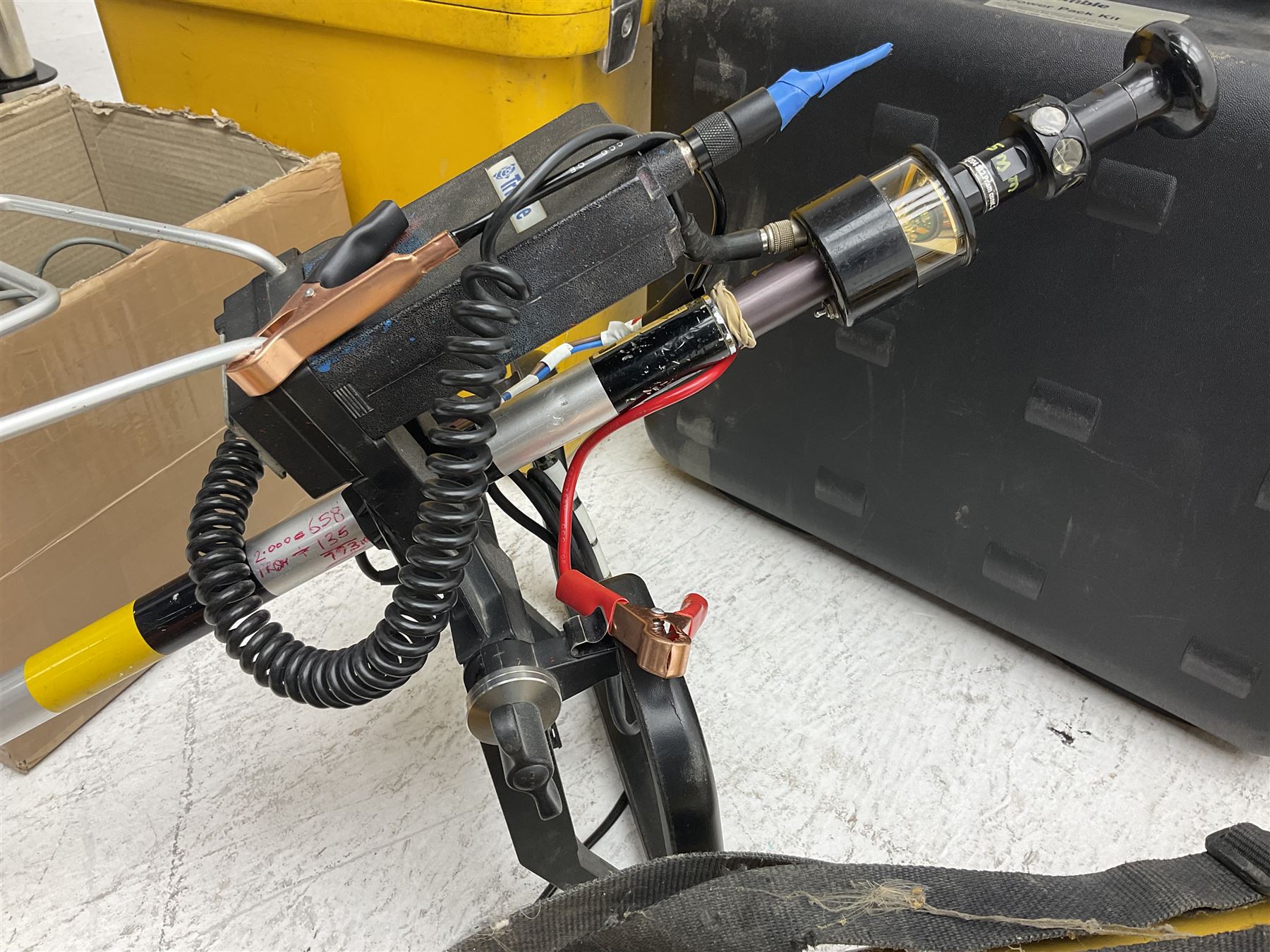 Trimble land surveying equipment - 5000 Series 5603 DR300+ Robotic Reflectorless Total Station, serial no.84310406; in carrying case; together with GPS Holder 58317019, serial no.95320184; ACU 571225500, serial no.83214786; Docking Station 58252019, serial no.95823458 with Power Supply; RMT 606 Remote Target on pole with CU Holder and External Georadio 2.4GHz; cased Power Pack Kit; folding tripod; and aluminium 5m telescopic measuring staff