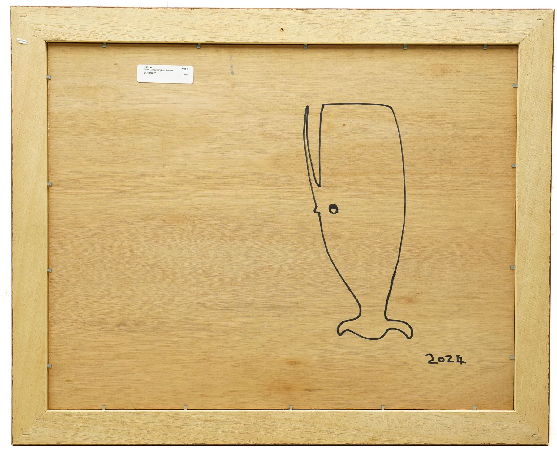 Steve Camps (Cornish 1957-): 'Burts Bathtime with Sid Looking On', oil on panel signed, dated 2024 verso 34cm x 44cm
Notes: Cornish artist Steve Camps, a retired builder turned painter in 2023, creates charming naïve-style whale paintings framed in antique finds, quickly gaining acclaim and commanding high prices through Sailors Jail Gallery in Falmouth