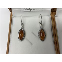 Two pairs of silver Baltic amber pendant earrings, stamped 925, boxed 