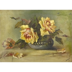 Still Life of Roses, oil on canvas signed and dated 1901 by M Allen 29cm x 39.5cm, Cries of London, engraving and Roses, colour print (3)  