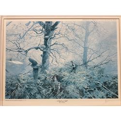 Five limited edition framed coloured prints of shooting interest comprising after C. Stanley Todd game birds taking flight in a mountainous lake landscape no.348/600; after J.C. Harrison game birds in flight over fields no.285/500; after Alan B. Hayman  'A Right and Left?' no.398/850; after Andy Beck 'Pheasant Drive' no.56/350; and after Leo Stans 'Autumn Air'; all signed on the mount; various frames (5)