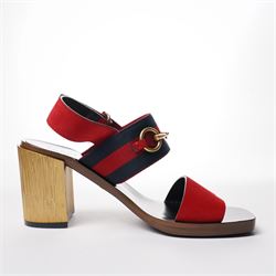 Gucci - pair of heeled sandals, with red suede front straps and indigo and red web stripe ankle straps with gold tone horse-bit detail, on bark-effect gilt block heels, size 36½, unused with original dust bags