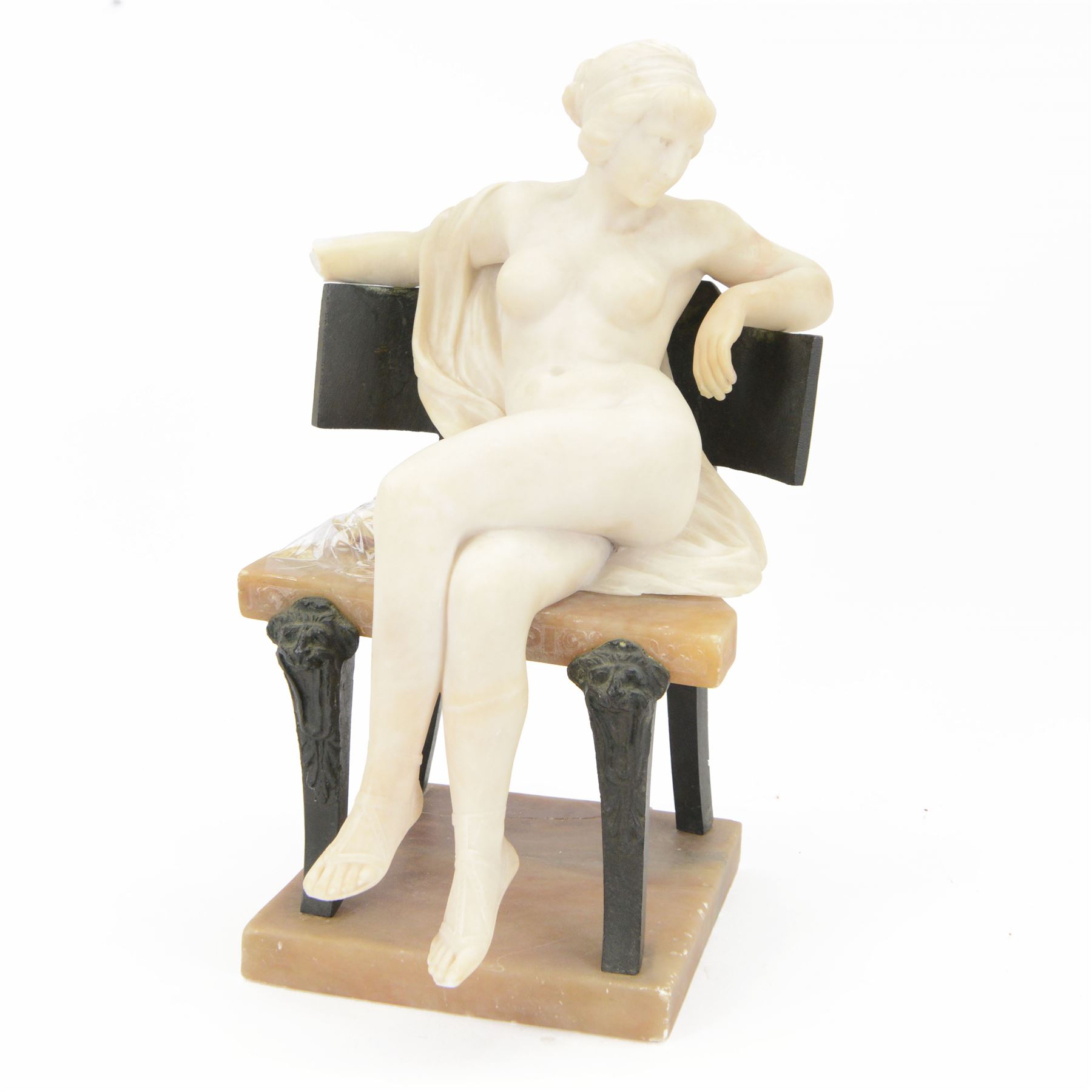 Classical style alabaster figure, modelled as a nude female figure seated upon a chair, H34cm
