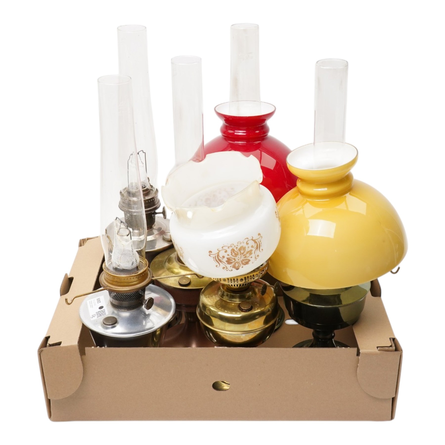 Brass table oil lamp, four Aladdin 23 lamps and an Aladdin 12 lamp