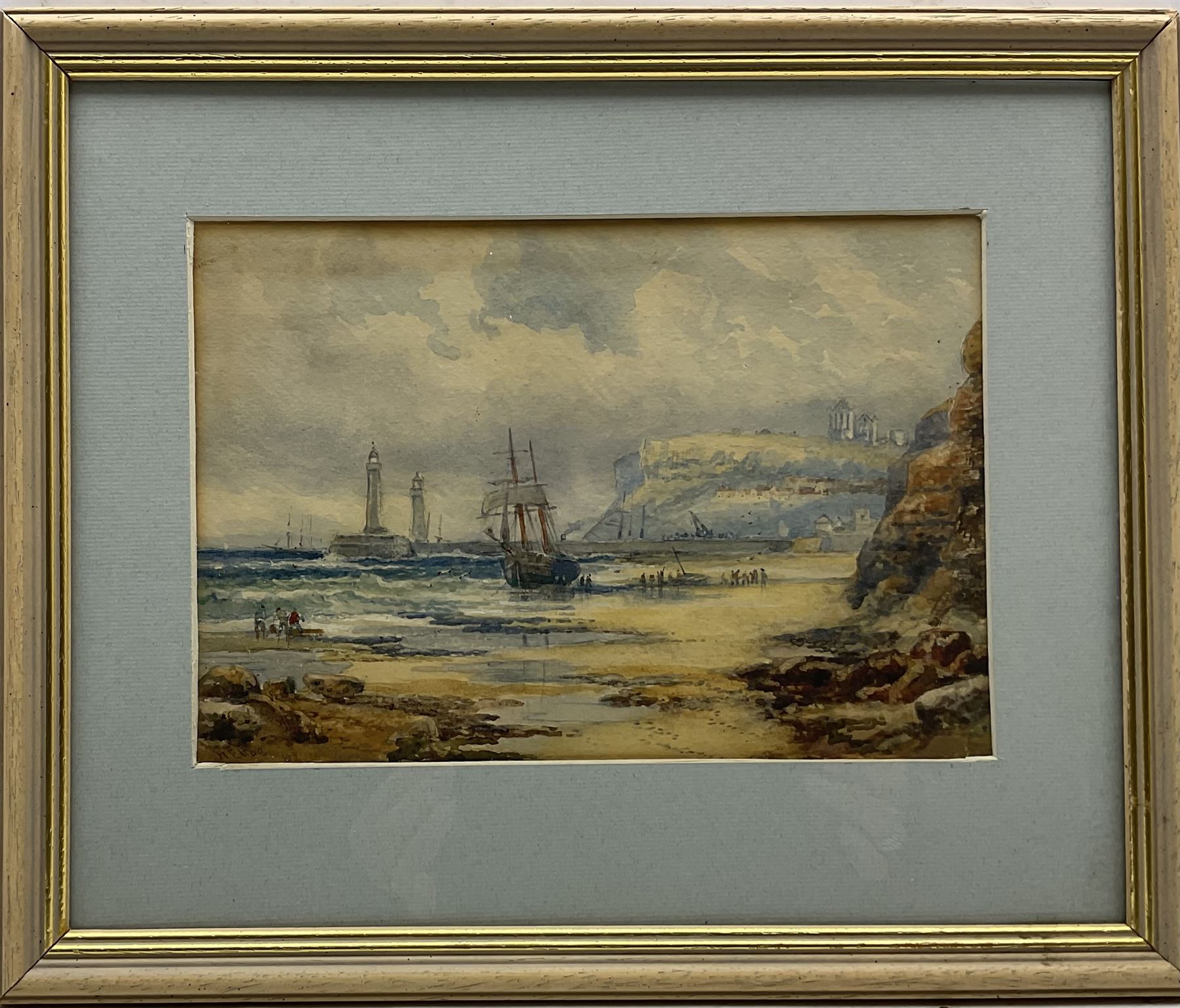 Robert Ernest Roe (British 1852-c1921): Unloading on the Beach at Whitby, watercolour signed 17cm x 24cm