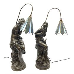 A pair of bronzed table lamps, modelled as female figures, with dark and light blue leaded glass shades, overall H79cm. 