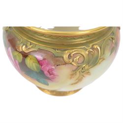 Early 20th century Royal Worcester jardiniere, painted  with pink and yellow roses amongst green foliage, signed A. Chidley with printed mark beneath and date code for 1910, H17cm