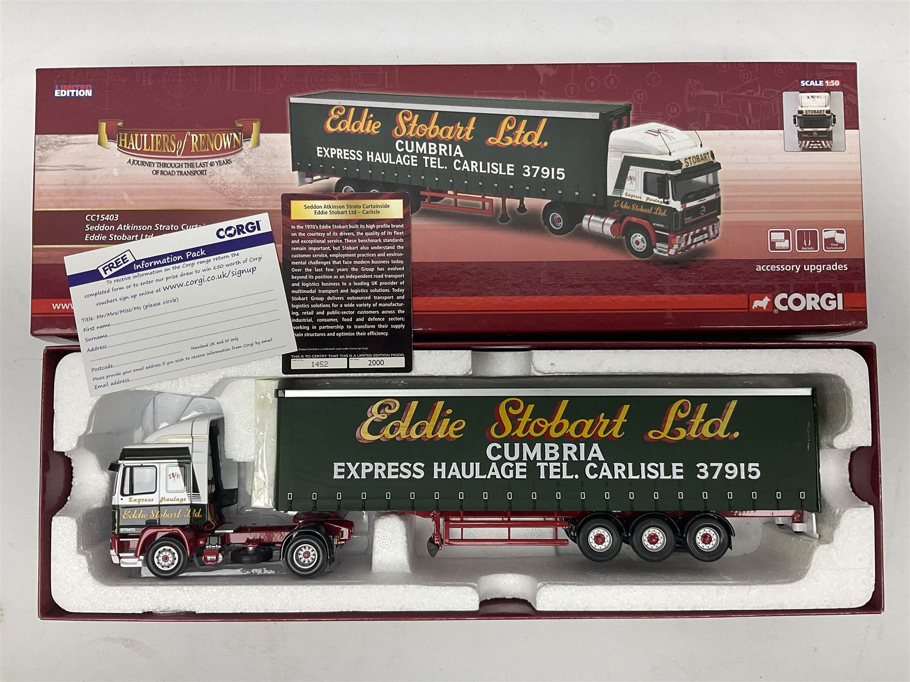 Corgi Eddie Stobart - three Hauliers of Renown lorries; CC14030 Volvo FH Facelift Curtainside; CC15002 Iveco Stralis Curtainside; and Seddon Atkinson Strato Curtainside; all boxed (3)