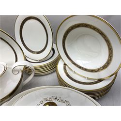 Royal Doulton Harlow pattern tea and dinner service for ten, consisting tea pot, coffee pot, milk jug, open sucrier, cups and saucers, dessert plates, dinner plates, soup bowls, side plates, sauce boat, covered serving dishes, meat plate (67)