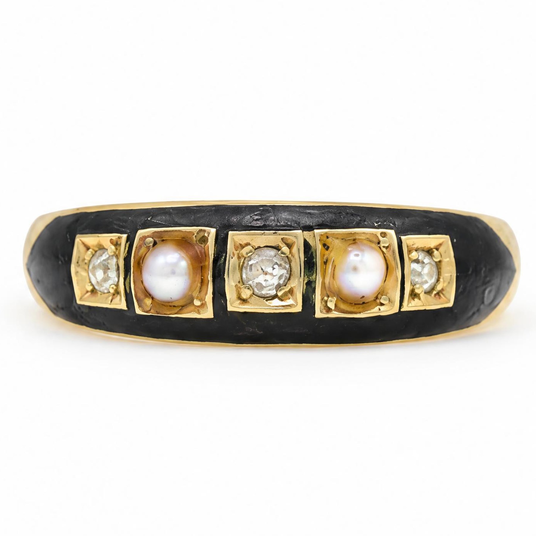 Victorian 18ct gold diamond, pearl and enamel mourning ring, square set with three old cut diamonds and two split pearls, with black enamel surround, Chester 1900
