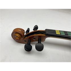 Four student violins - two Chinese three-quarter size with 33.5cm and 34cm two-piece backs; Stringers of Edinburgh quarter size with 28cm two-piece back; and Stentor quarter size with 28cm two-piece back; each in carrying case (4)