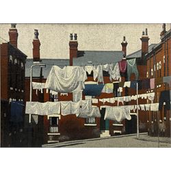 Stuart Walton (Northern British 1933-): Washing Day - Terraced Street Leeds, oil on canvas laid on board signed and dated '75, 55cm x 75cm 